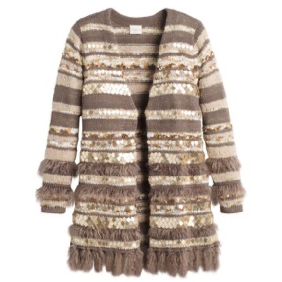 Chicos Women L $129 Embellished Wool Sweater Greta Cardigan Fringe Gold Sequin - Picture 4 of 14